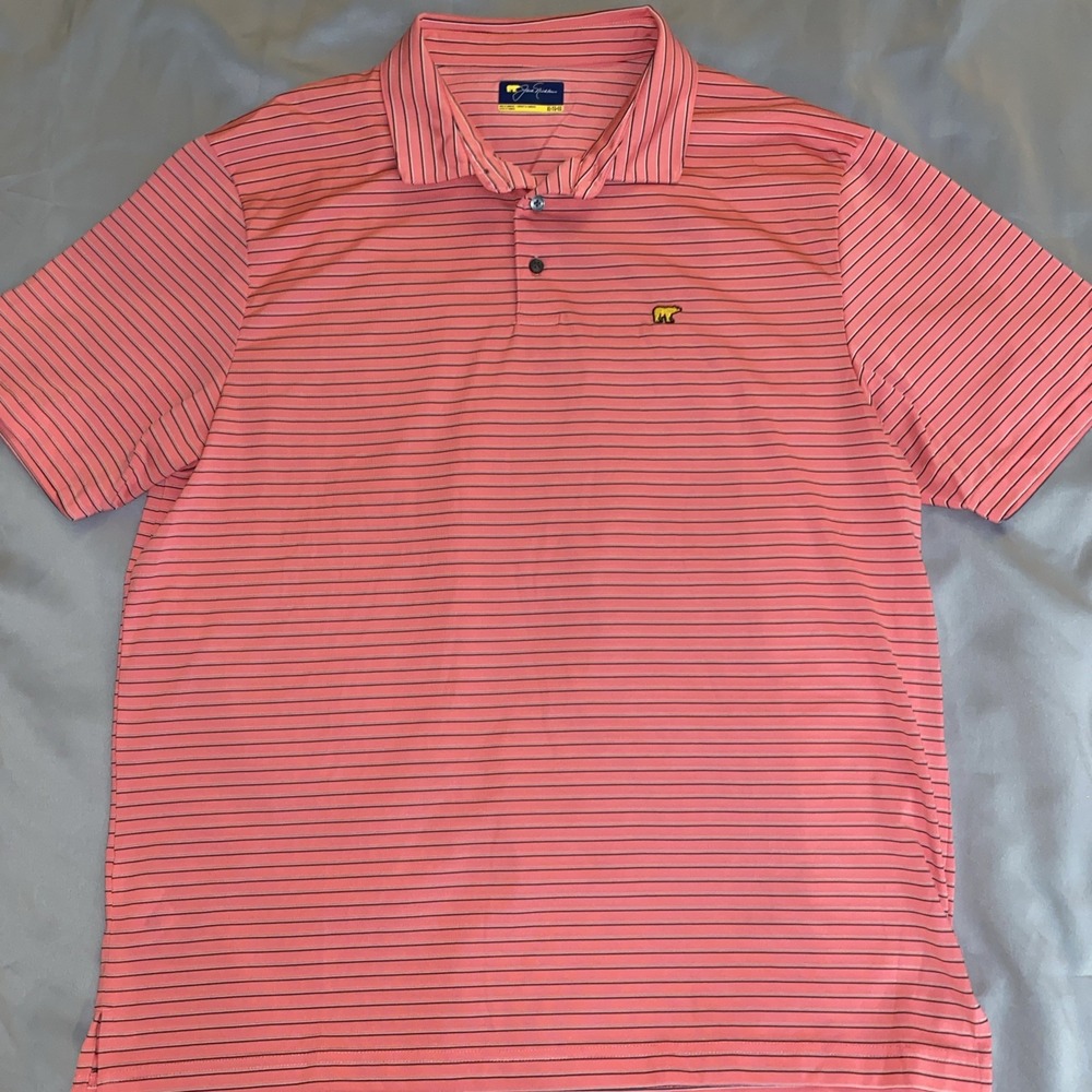 Jack Nicklaus Mens XL Pink Striped Short Sleeve Golf Polo Shirt Golden Bear Logo